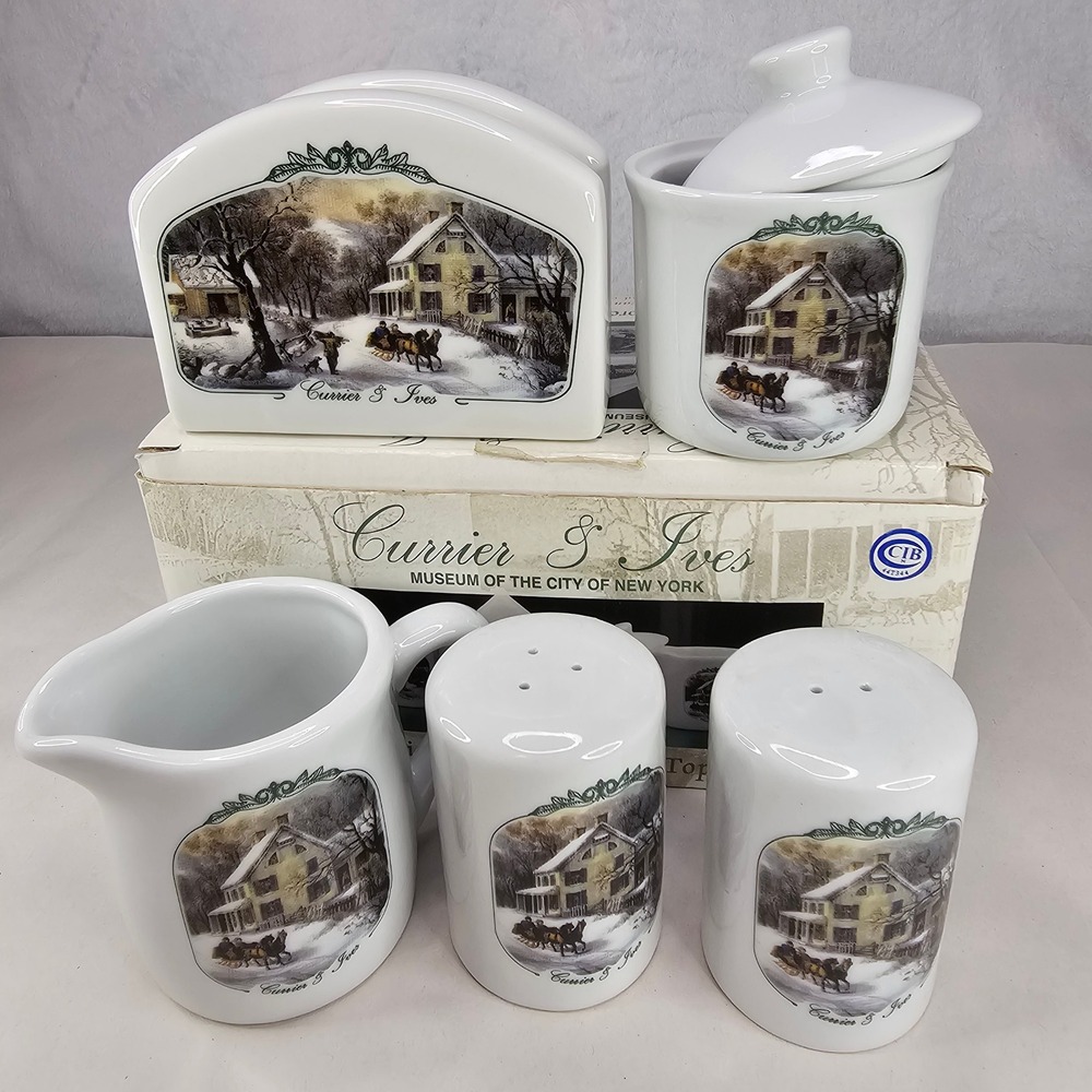 Currier & Ives 5 Piece‎ Porcelain Table Top Set  Homestead Winter Creamer Sugar